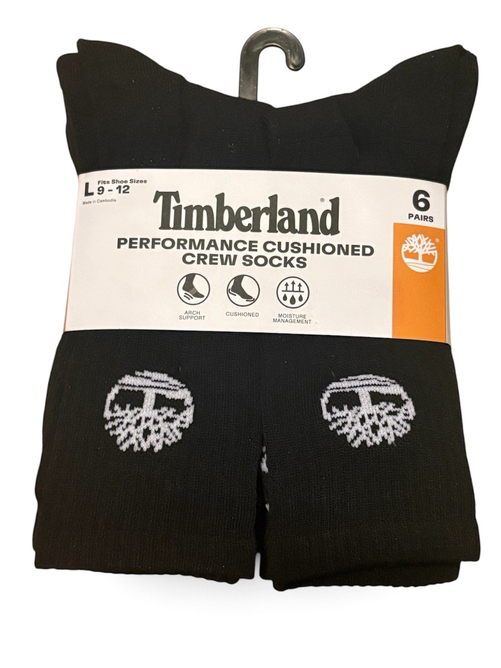 Timberland Mens Performance Cushioned Crew Socks Black 6 Pair Pack Size 9-12 NWT